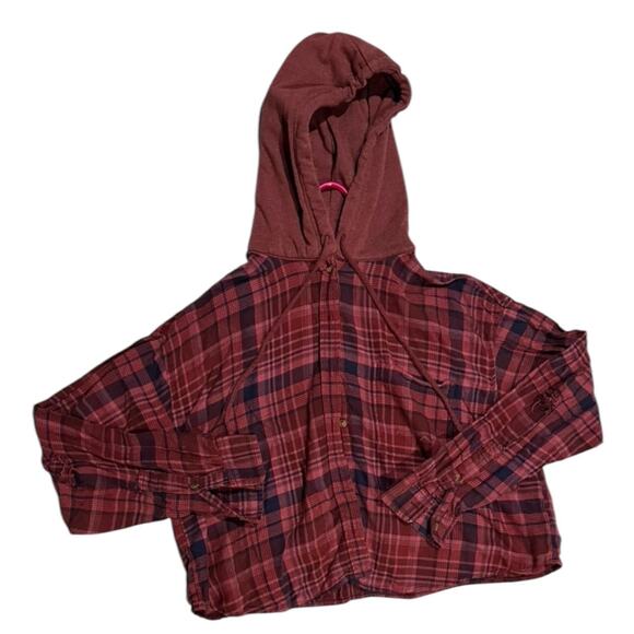 American Eagle Red Cropped Flannel with Hoodie - Picture 1 of 5